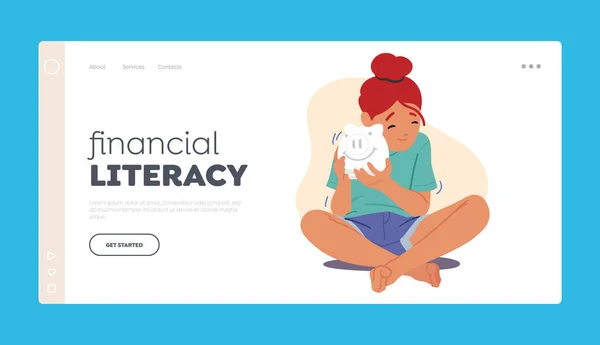 Financial Literacy Landing Page Template Teen Girl Character Shaking Piggy —  Vetores de Stock