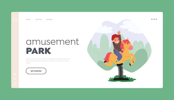 Amusement Park Landing Page Template. Little Boy Riding Attraction Horse. Recreation, Fun Fair Weekend Activity Concept with Child Character Leisure, Vacation Relax. Cartoon People Vector Illustration