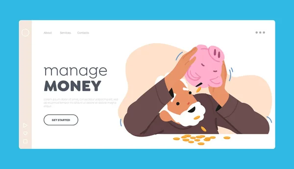 Manage Money Landing Page Template Senior Male Character Shaking Piggy — Stockový vektor