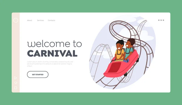Fun Fair Carnival Landing Page Template. Little Kids Characters Riding Roller Coaster, Extreme Recreation in Amusement Park, Children Leisure, Summer Vacation Relax. Cartoon People Vector Illustration