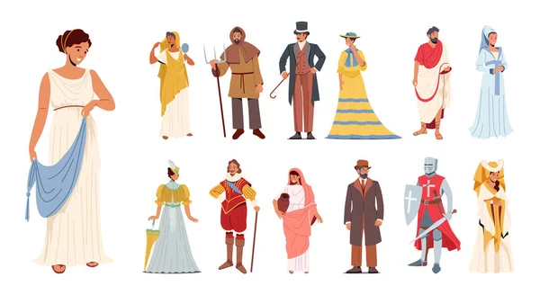 Set People Historical Costumes Male Female Characters Wear Ancient Greek — Stockvektor