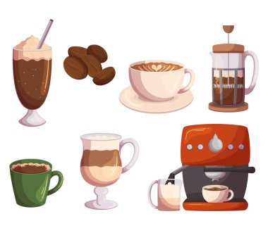 Set Of Coffee House or Cafe Themed Icons. Beans, Coffee Maker Machine And Ceramic Mug, Glass Cup with Foam, Straw, Americano, Latte Or Cappuccino Hot Tasty Drinks. Cartoon Vector Illustration