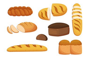 Set Of Different Bread, Rye And Wheat Bakery Products. Isolated Baguette, Loaf, Bun Pastry Collection on White Background. Bake House Fresh Cereal Whole And Sliced Bakery. Cartoon Vector Illustration