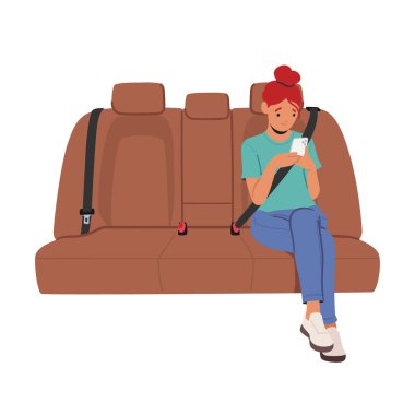 Girl Character Sitting On Car Seat with Smartphone. Child Safety And Comfortable Travel Concept with Happy Kid Sit in Chair for Transportation in Automobile. Cartoon People Vector Illustration