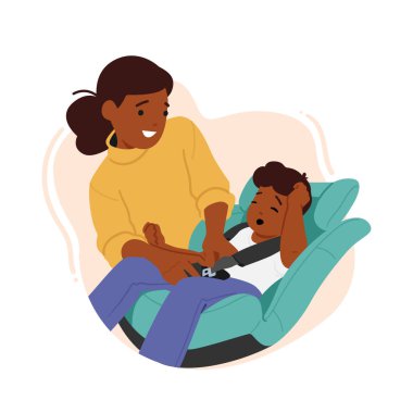 Cute Little Boy Sitting On Car Baby Seat With Mother Holding Him While Fasten Safety Belt Family Characters Prepare for Road Trip. Kid Transportation Safety Concept. Cartoon People Vector Illustration