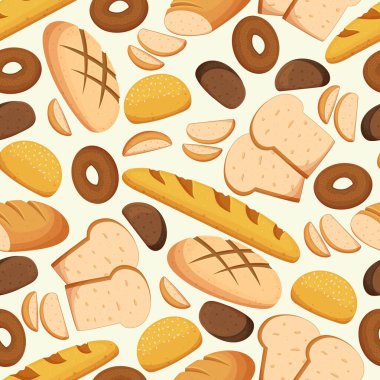 Seamless Pattern with Different Bread And Wheat Bakery Products. Baguette, Loaf, Toast Bun Or Donut Pastry Repeated Background. Bake House Fresh Bread Assortment Paper. Cartoon Vector Illustration