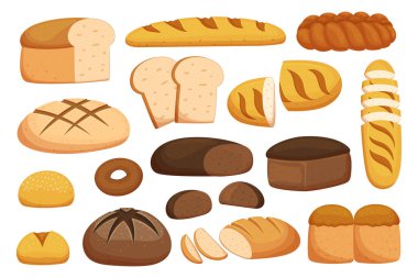 Set of Different Bread and Wheat Bakery Products. Isolated Baguette, Loaf, Bun or Donut Pastry Collection. Bake House Fresh Cereal Whole and Sliced Bread Assortment. Cartoon Vector Illustration