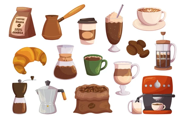 Set Coffee Themed Icons Beans Package Cezve Coffee Maker Machine — стоковый вектор