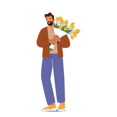 Male Character Holding Flower Bouquet Isolated on White Background. Man Walk on Dating with Girl, Meet Someone in Airport or Prepare Gift for Holiday Celebration. Cartoon People Vector Illustration