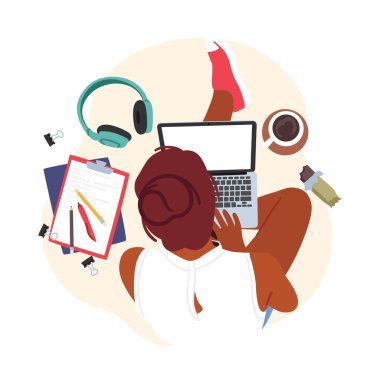 Female Character Student or Freelancer Working or Studying on Laptop Top View. Young Woman Sitting on Floor with Notebook, Coffee, Chocolate and Working Supplies. Cartoon People Vector Illustration