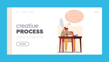 Creative Process Landing Page Template. Female Character Writer or Poet Sitting at Desk with Inkwell, Feather Pen, Inspired Woman Author Writing Book or Poems. Cartoon People Vector Illustration