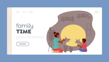 Family Time Landing Page Template. Mom and Little Son Characters Having Fun with Home Shadow Theater. Parent and Child Sitting in Darkness Showing Fairytale on Wall. Cartoon People Vector Illustration