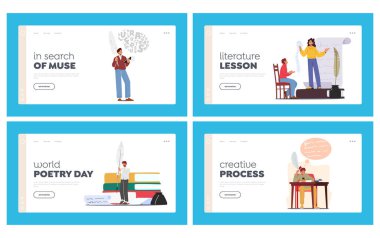 Creative Process Landing Page Template Set. Writers or Poets Characters Reading And Writing Poetries. Authors Create Book, Essay, Poems with Feather Pen. Cartoon People Vector Illustration