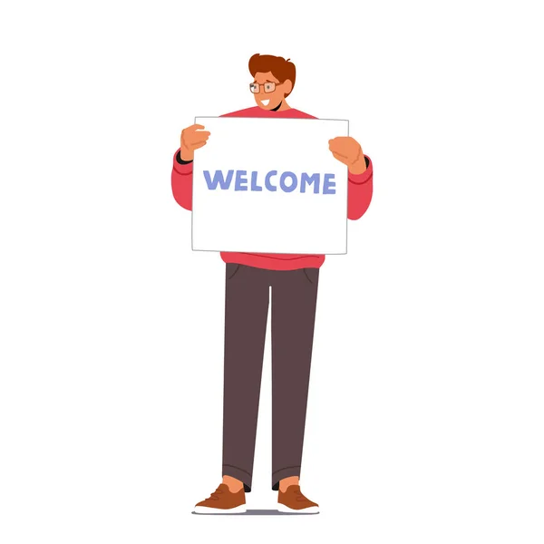 Concept Travel Hospitality Male Character Holding Welcome Banner Isolated White — Stockvector