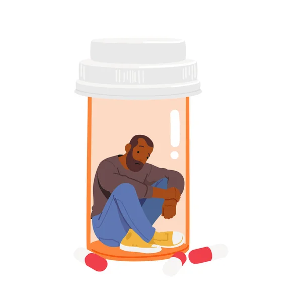 Depressed Man Sitting inside of Bottle with Medical Tablets. Sick Male Character with Health Problems. Antidepressant Medication Treating, Illness Or Disorder Cure. Cartoon People Vector Illustration