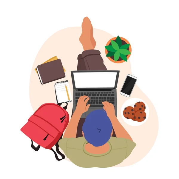 Young Male Character Laptop Top View Freelancer Student Sitting Floor — стоковый вектор