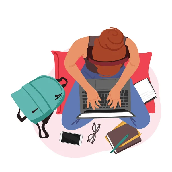 Online Education Home Office Concept Young Female Character Laptop Top — стоковый вектор