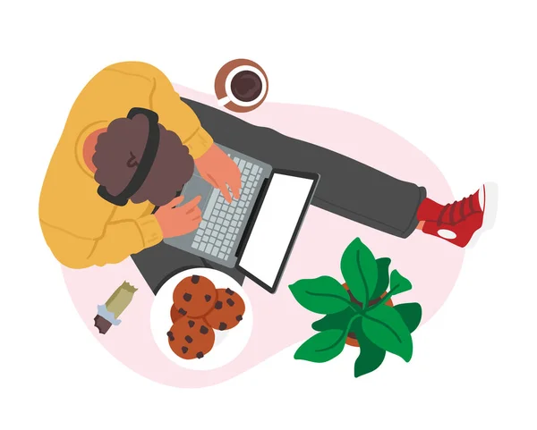 Male Character Wear Headphones Sitting Laptop Coffee Muffins Chocolate Top —  Vetores de Stock