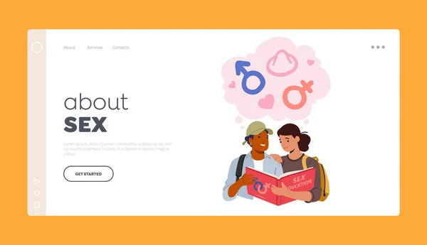 Teenagers Learn Sex Landing Page Template Girl Boy Reading Book — Wektor stockowy