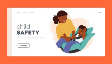 Çocuk Güvenliği İniş Şablonu. Annesiyle bebek koltuğunda oturan sevimli çocuk emniyet kemerini bağlarken onu tutuyor. Aile Karakterleri Yolculuğa Hazırlanın. Çizgi film İnsanları Vektör İllüstrasyonu