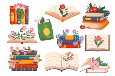 Set Books with Flowers, Bestsellers, Romance Literature. Closed And Open Dictionaries With Colorful Blossoms, Covers And Bookmarks. Single Objects And Piles, Stacked Books. Cartoon Vector Illustration clipart