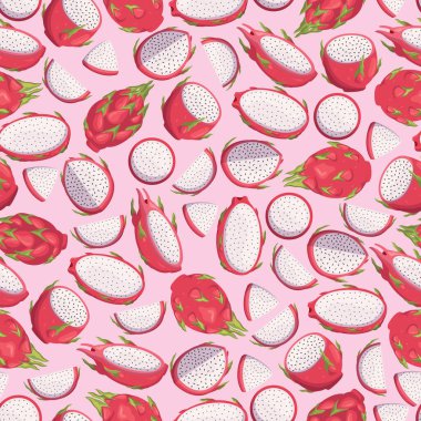 Stok için kusursuz ejderha meyvesi deseni. Taze, canlı, tekrarlanabilir tasarım Ejderha Meyvesi Dilimleri Parlak, Sulu Renkler Yaz Zamanı veya Tropikal Temalı Projeler. Çizgi film Vektör İllüstrasyonu