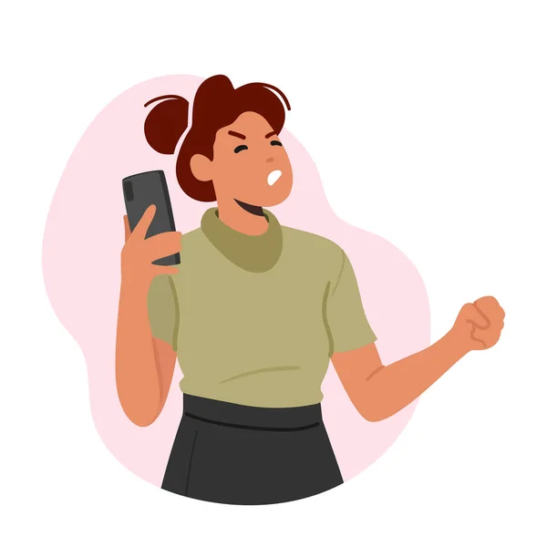 Angry Woman Speaking Phone Жіночий Персонаж Розробленим Виразом Обличчя Гештег — стоковий вектор