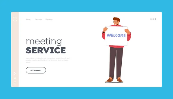 Meeting Service Landing Page Template Reizen Gastvrijheid Met Man Karakter — Stockvector