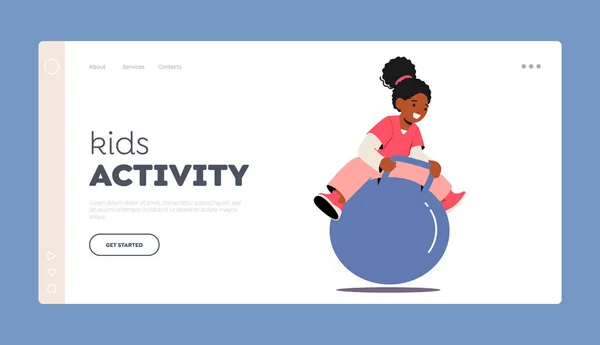 Kids Activity Landing Page Template Zwarte Baby Spring Fitball Grappig — Stockvector