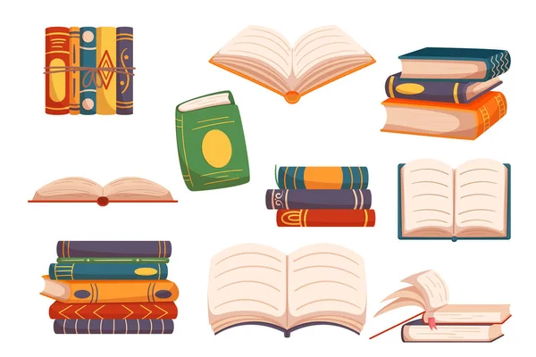 Set Books Bestsellers School Textbooks Closed Open Dictionaries Colorful Covers — 스톡 벡터
