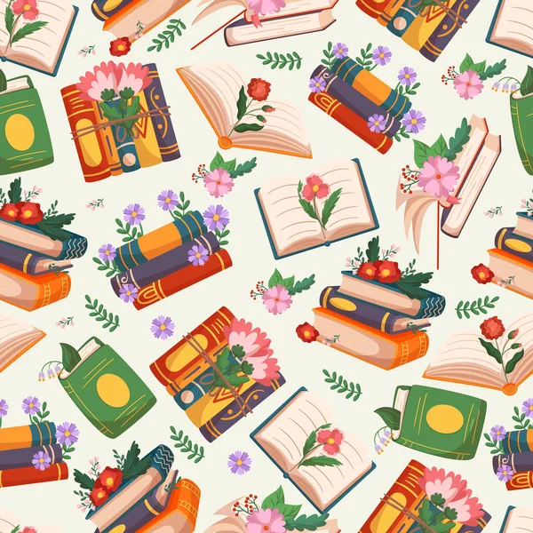 Seamless Pattern Books Flowers Repeated Background Romance Bestsellers Textbooks Closed — Wektor stockowy