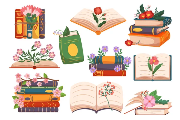 花の本 ベストセラー ロマンス文学をセットしなさい 閉じて カラフルな花で辞書を開きます カバーとブックマーク 単一のオブジェクトと杭 積み上げ本 漫画ベクターイラスト — ストックベクタ