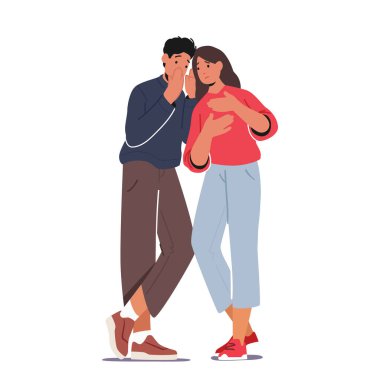 Secret Meetings, Gossip And Confidential Discussions Concept with Whispering Male and Female Character Share Rumors Isolated on White Background. Cartoon People Vector Illustration