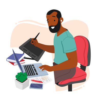 Graphic Designer Male Character Sitting At Desk with Laptop and Tablet Holding Stylus an Hand Drawing Sketches or Create Designs with Focused Inspired Look. Cartoon People Vector Illustration
