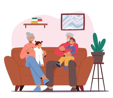 Happy Family Characters Grandparents And Children Spending Time Together At Home. Grandmother and Grandfather Playing with Grandchildren in Warm And Cozy Atmosphere. Cartoon People Vector Illustration