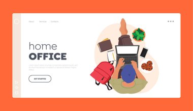 Home Office Landing Page Template. Young Male Character with Laptop Top View. Freelancer or Student Sitting on Floor with Notebook, Smartphone and Working Supplies. Cartoon People Vector Illustration