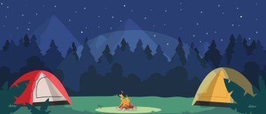 Night Camping With Tents And Campfire. Tourist Place In Dark Forest. Cozy Traveler Halt On Nature Landscape With Trees And Dark Starry Sky Scenery View. Camp Hiking Scene. Cartoon Vector Illustration