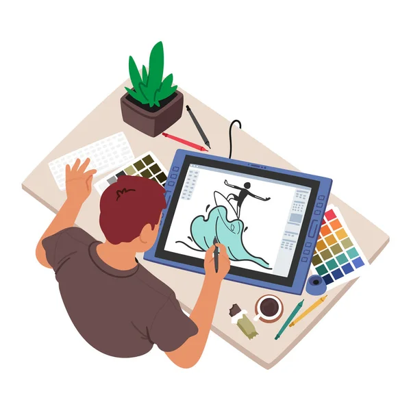 Designer Gráfico Personagem Masculino Com Desenho Estilete Tablet Local Trabalho —  Vetores de Stock