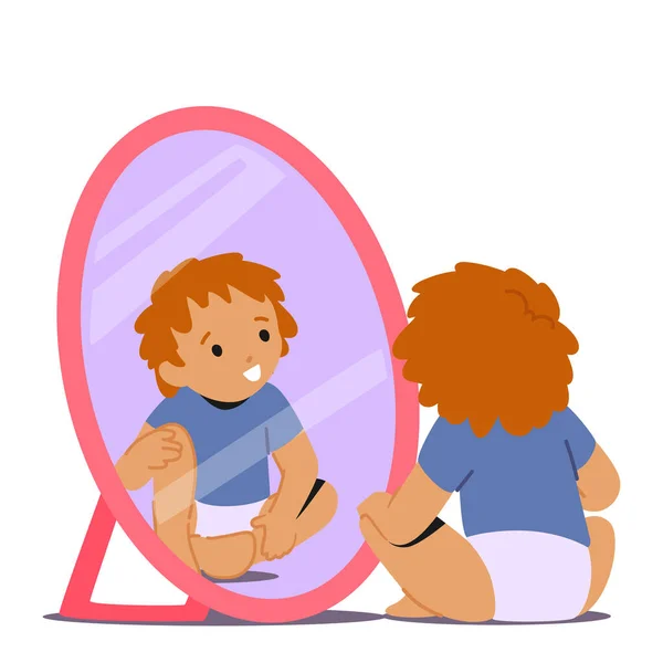 Toddler Child Sitting Floor Gazing Mirror Observing Appearance Exhibiting Expressions — Stockový vektor