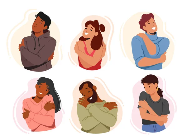 Set of People Hugging Themselves. Self-embrace Concept Showing Importance Of Taking Care Of Oneself. Selfish Men and Women Characters Comfort And Solace Found In Self-love. Cartoon Vector Illustration
