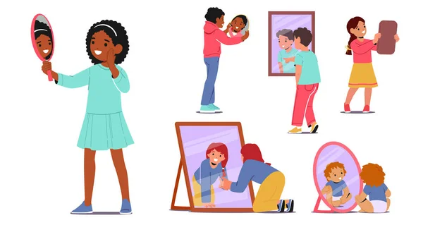 Set Children Gazing Mirror Observing Reflection Displaying Emotions Wonder Surprise — Stockový vektor