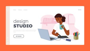 Design Studio Landing Page Template. Young Female Character Graphic Designer Seated At Desk Using Computer Making Sketch on Tablet at Workplace, Creative Woman. Cartoon People Vector Illustration