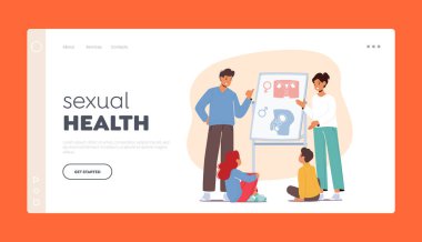 Sexual Health Landing Page Template. Parents Inform Kids About Their Reproductive System. Characters Promote Healthy Attitudes, Relationship, Anatomy, Contraception. Cartoon People Vector Illustration