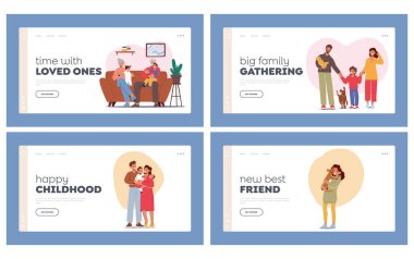 Happy Family Landing Page Template Set. Parents Characters Holding Baby on Hands, Smiling Children and Grandparents Love, Joy, Togetherness, Human Relation Concept. Cartoon People Vector Illustration