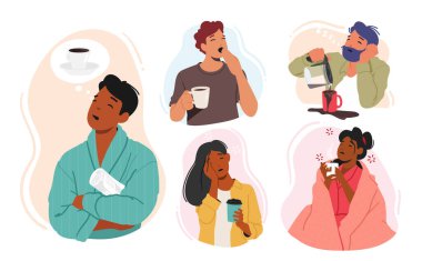 Set of Tired Sleepy People Needing Coffee. Drowsy Male Female Characters In Need Of A Caffeine Fix or Energy Drinks. Struggle To Be Awake And Alert for Work Productivity. Cartoon Vector Illustration