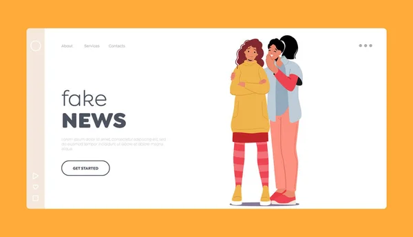 Fake News Landing Page Template Two Women Characters Huddled Close — Stock Vector