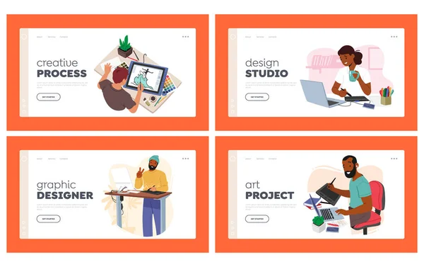 Graphic Designers Work Landing Page Template Set Creative Male Female — Stockvector