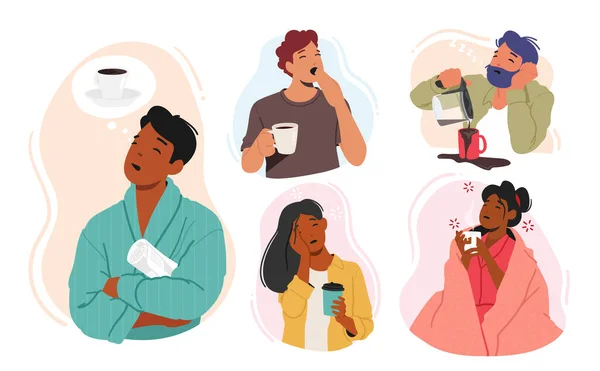 Set Tired Sleepy People Needing Coffee Drowsy Male Female Characters — Stockvektor