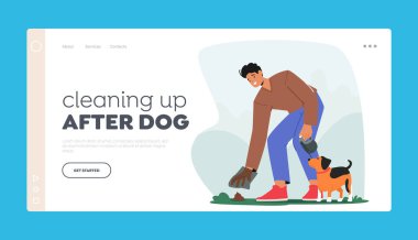 Responsible Pet Ownership Landing Page Template. Male Character Cleaning Up Poop into Bag After his Dog. Reminder for Importance Of Taking Care Of Environment. Cartoon People Vector Illustration