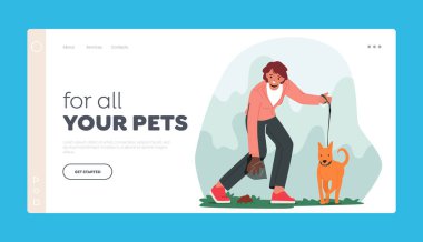 Pet Ownership Landing Page Template. Woman Pet Owner Picking Dog Poo into Plastic Bag on Street. Hygiene Maintenance, Necessary Task To Maintain Clean Public Place. Cartoon People Vector Illustration